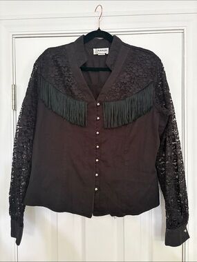 Vintage Banjo Black Western‎ Fringe & Lace Blouse - Size M